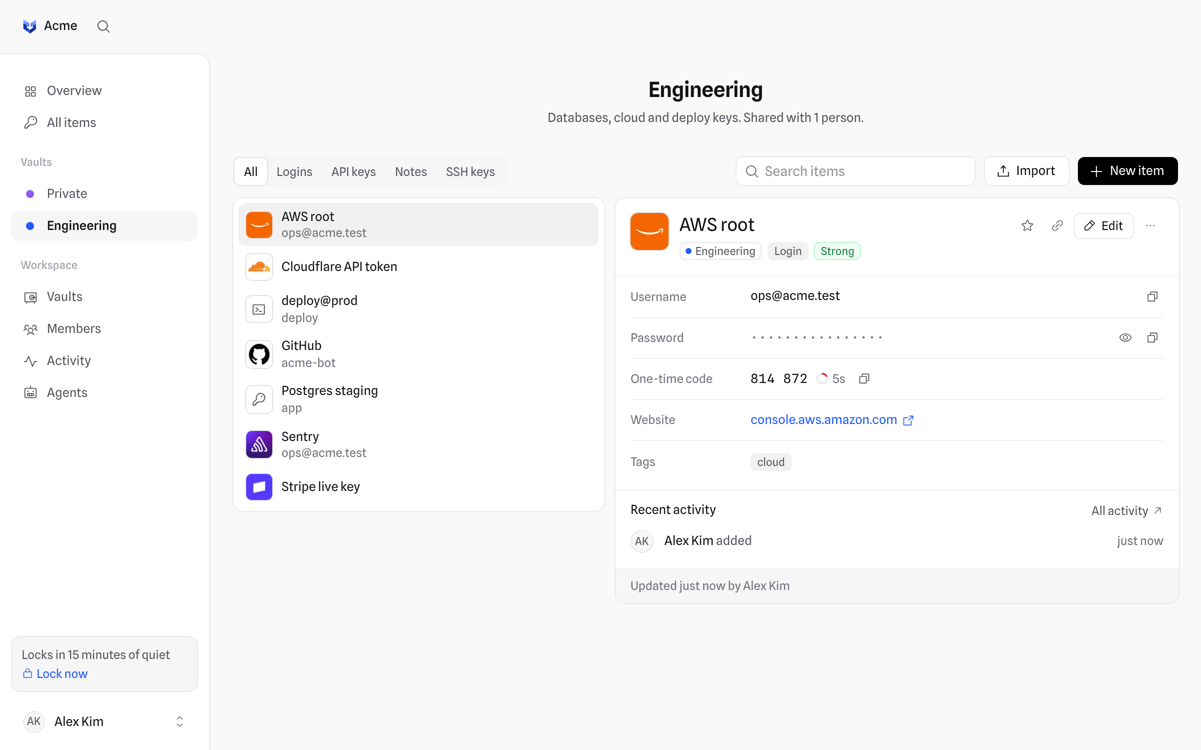 The Engineering vault in vauly, with the AWS root login open: username, hidden password, a live one-time code and the website.